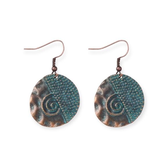 Round Textured Hammered Beaded Swirls Patina Hanging Earrings Jewelry NEW - Picture 1 of 3